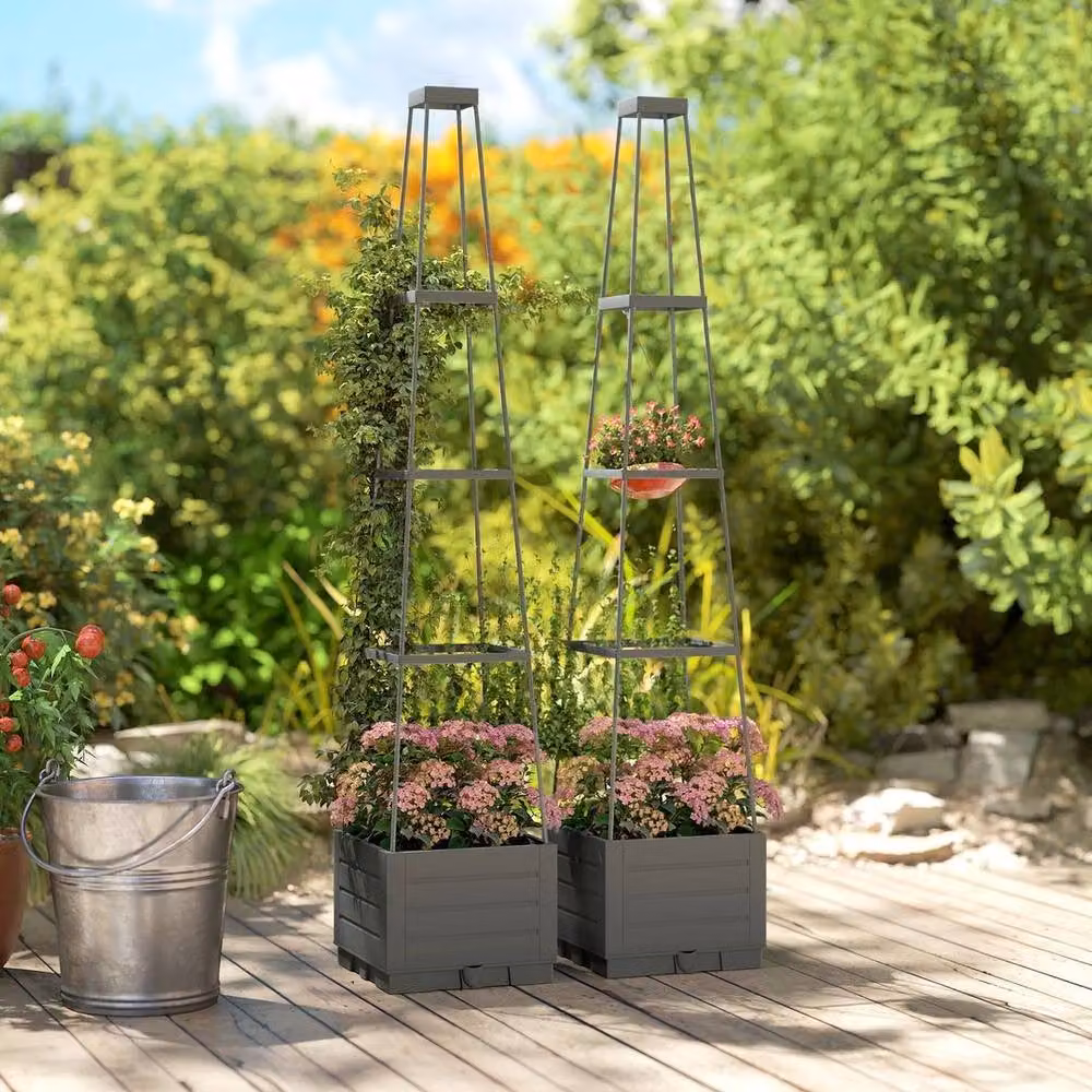 NESTLUNE 2 Pack Grey Raised Garden Beds with Trellis and Removable Drainage Trays – 3
