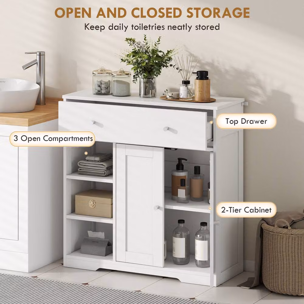 HOMCOM White Modern Freestanding Bathroom Floor Cabinet with Drawer and Hinged Doors – 3