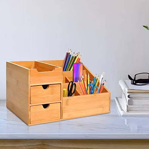 HOMCOM Bamboo Desk Organiser Holder with 7 Storage Compartments and 2 Drawers, Natural Brown – 2