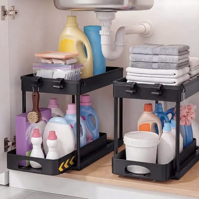 Toque Black Under Sink Kitchen Sliding Pull Out Drawer Organiser, 2 Pack
