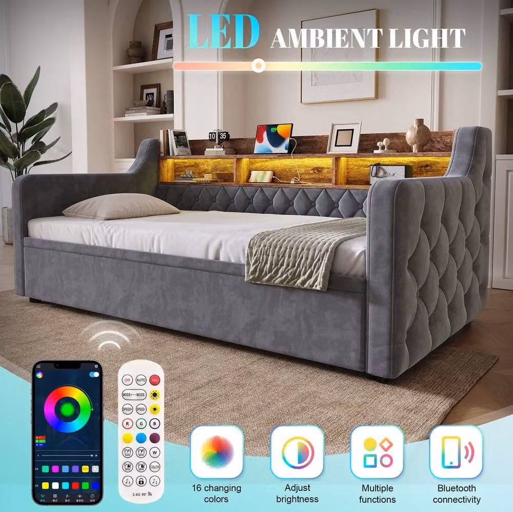 STILVORA Modern Grey Velvet Upholstered Sofa Bed with LED Lighting, USB Ports and Pull-Out Sleeping Function – 6