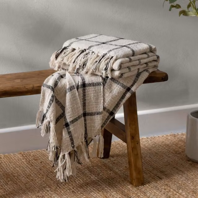 Yard Beni Slub Cotton Checked Throw with Fringes in Black and White, W: 130 cm, L: 180 cm – 2