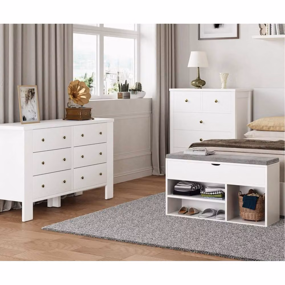 VOGREX 2 Tier White Fabric Shoe Storage Bench with Flip-Open Design – 3