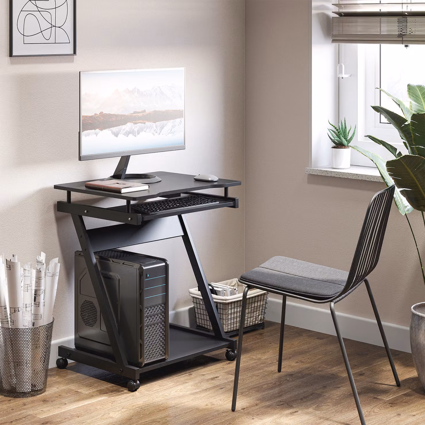 HOMCOM Compact Movable Computer Desk with Sliding Keyboard Tray and Castors, Black – 2