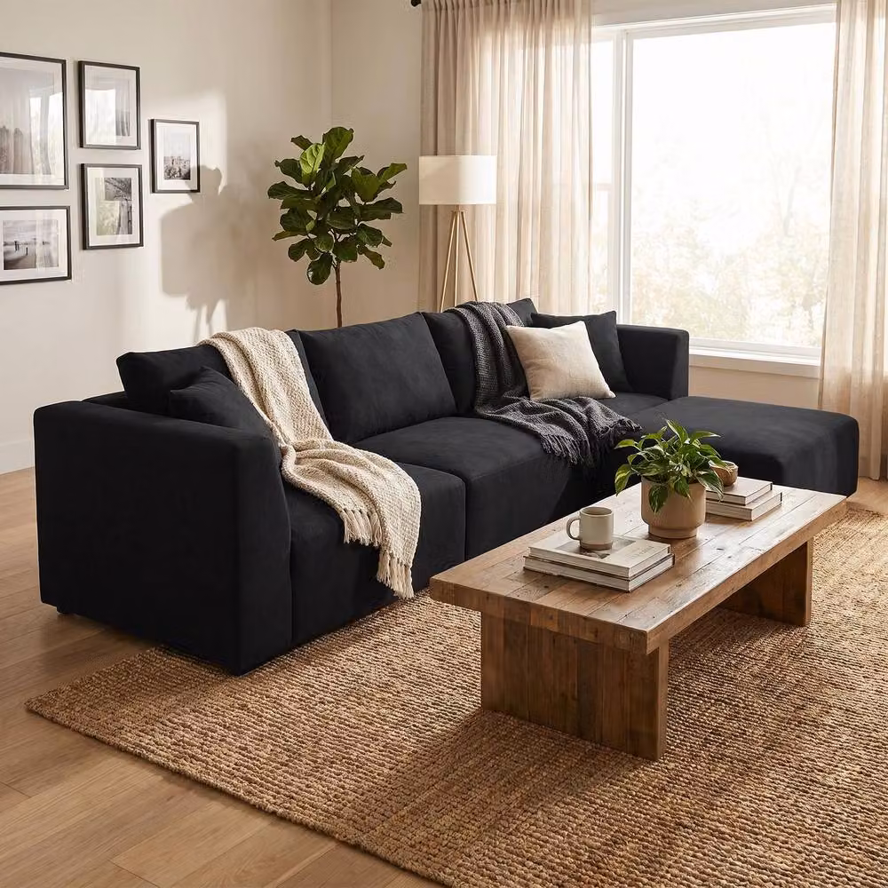 Abakus Direct Tokyo Large L-Shape Corner Sofa in Black and Beige Basket Weave Fabric with Deep Seats – 3
