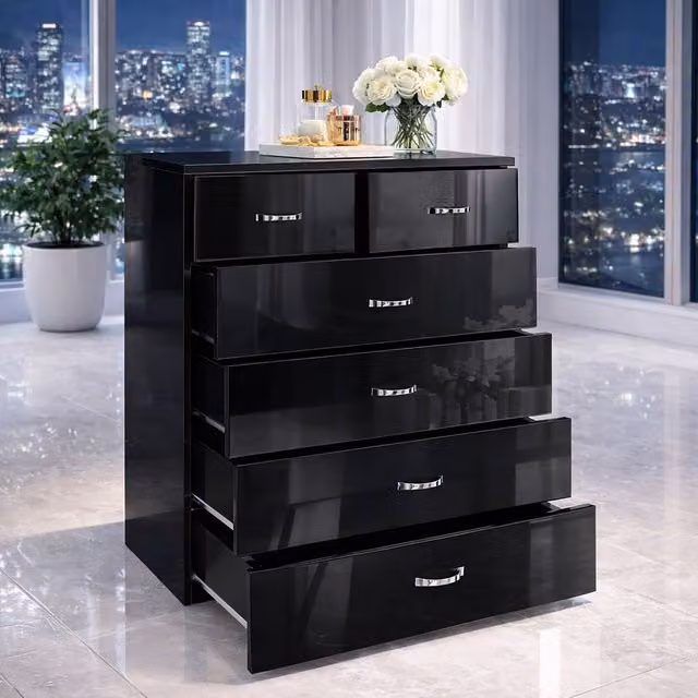 Harmin Modern High Gloss Black 6-Drawer Chest of Drawers W/D/H: 100 x 40 x 70 cm – 1