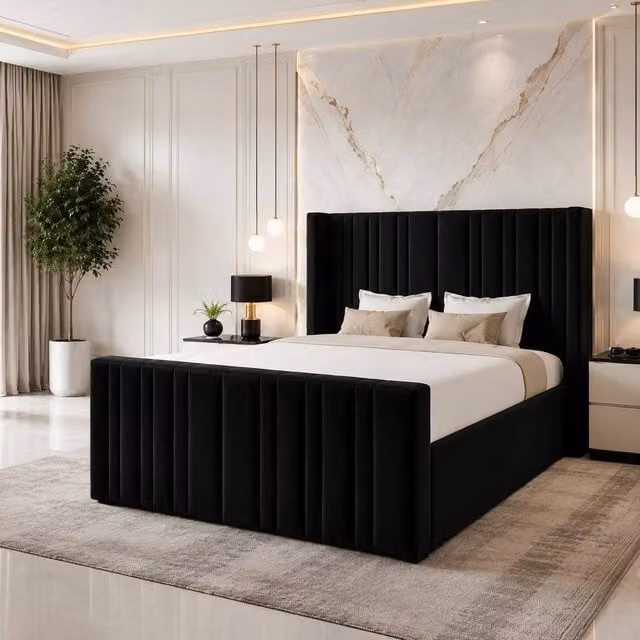 Soft Snooze Beds Panel Divan Ottoman Upholstered Storage Bed in Black Velvet, W/D/H: 200 x 200 cm