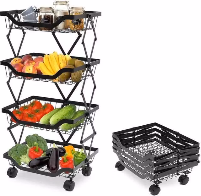 KORVIXA 4 Tier Rotating Kitchen Storage Trolley Cart in Matt Black