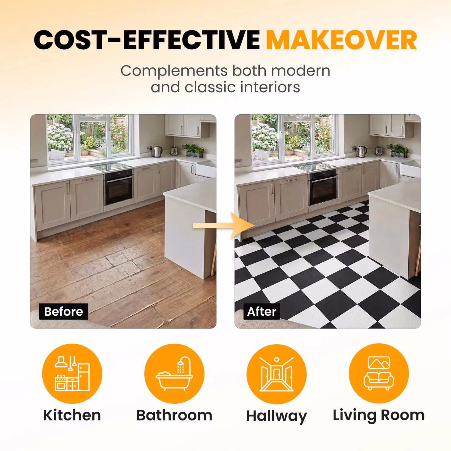 Novecrafto Self Adhesive Checkerboard Vinyl Floor Tiles, Black and White, 30 Pieces, W/D/H: 30.5 x 30.5 x 0 cm – 5