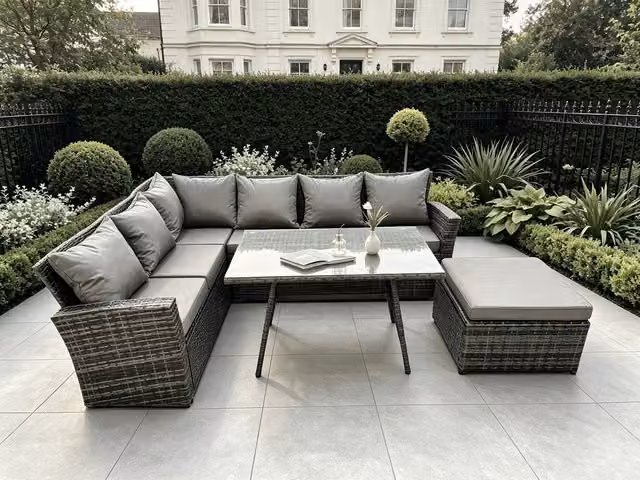 Fimous 7 Seater Rattan Garden Furniture Set with Dining Table and Footstool in Grey