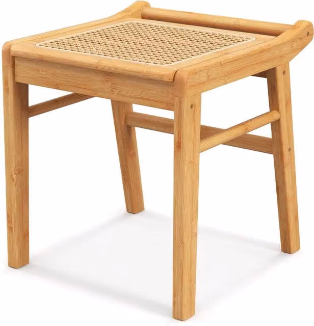 Costway Brown Rattan and Wood Dressing Table Vanity Stool