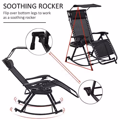Outsunny Black Folding Recliner Garden Rocking Chair with Sun Canopy, Adjustable Headrest and Side Tray – 6