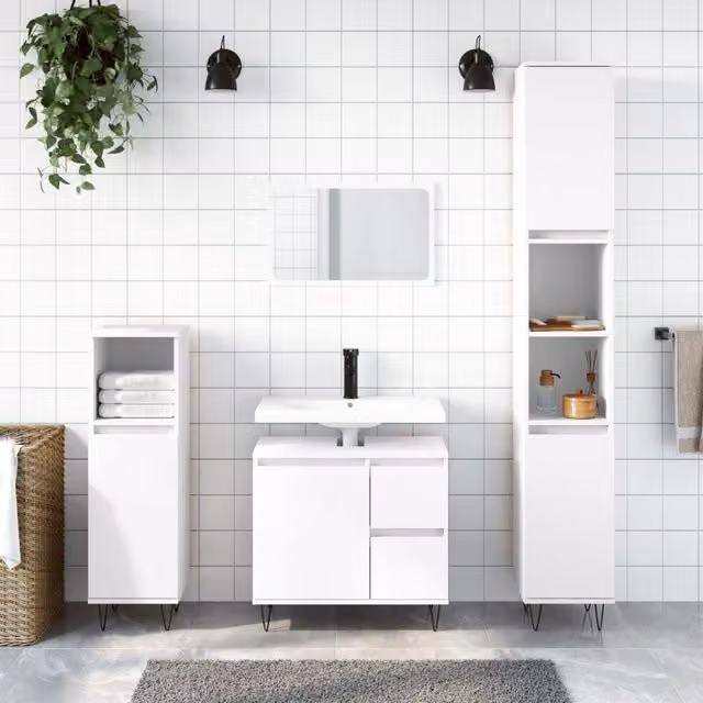 Berkfield Home White Freestanding Bathroom Cabinet with Hinged Doors and Internal Shelves, W/D/H: 30 x 30 x 190 cm – 1
