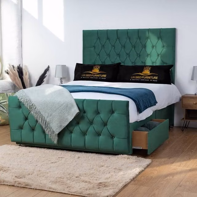 UK Bed Furniture Jubilee Single Divan Bed in Green Velvet with 2 Drawers and 26 Inch Headboard W/D/H: 90 x 200 cm