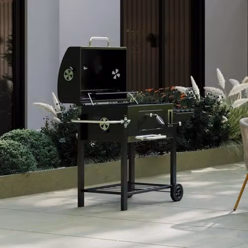 Charles Bentley American Large Portable Charcoal BBQ Grill in Black with Thermometer, Warming Rack and Wheels