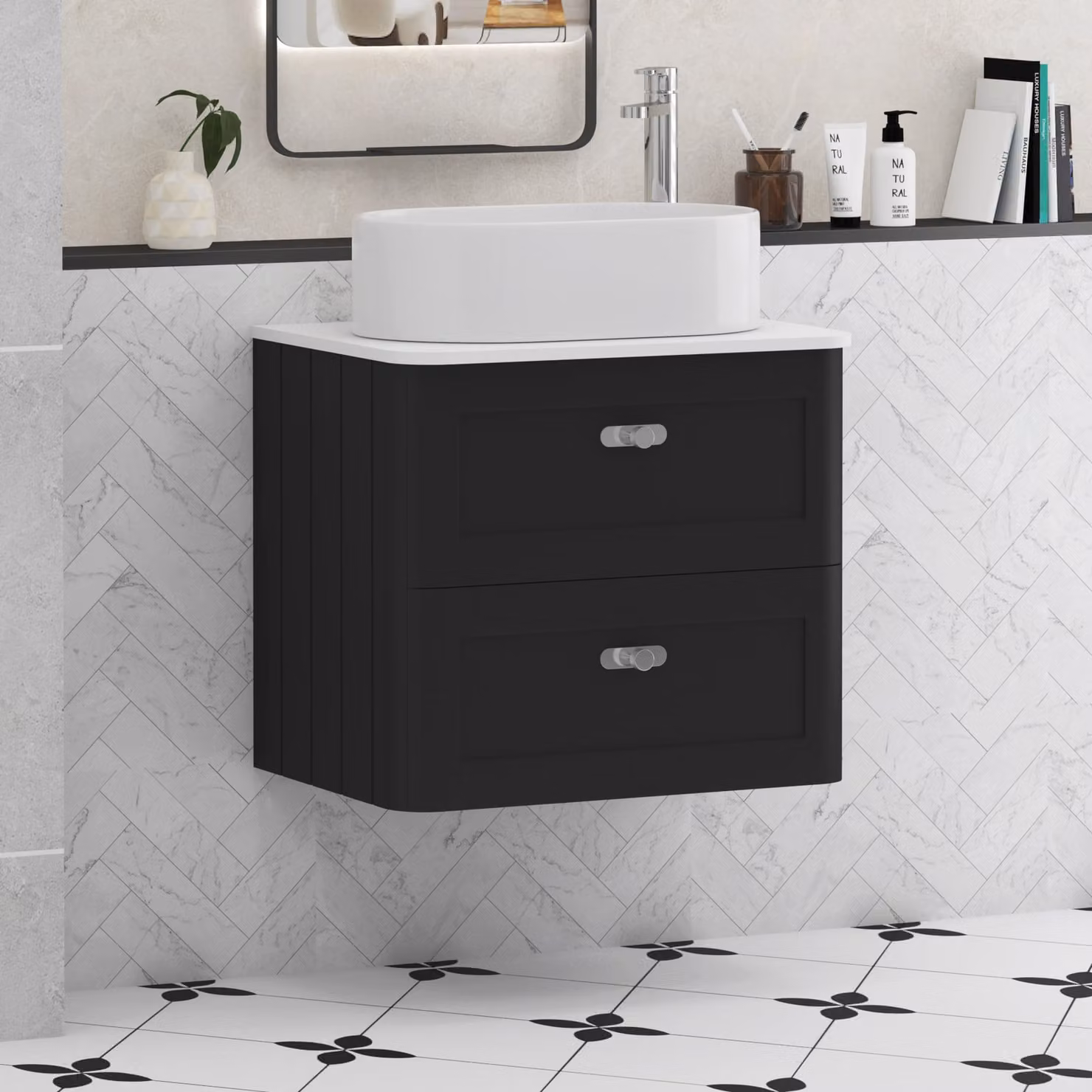 Royal Bathrooms Henley Wall Hung Vanity Unit in Matt Nocturne Black with 2 Drawers, Plain White Worktop and Peak Basin