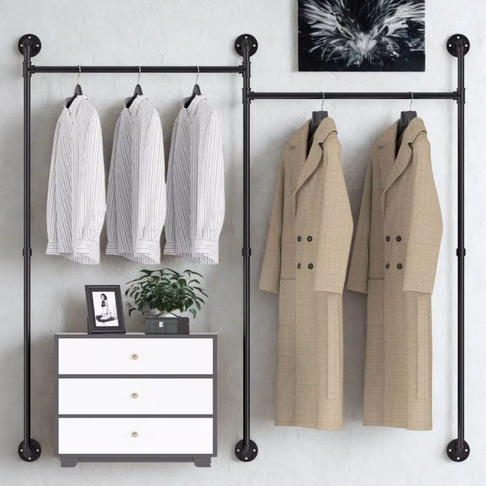 FURNOS Industrial Matt Black Metal Wall-Mounted Continuous Linear Tube Clothes Hanging Rail – 3