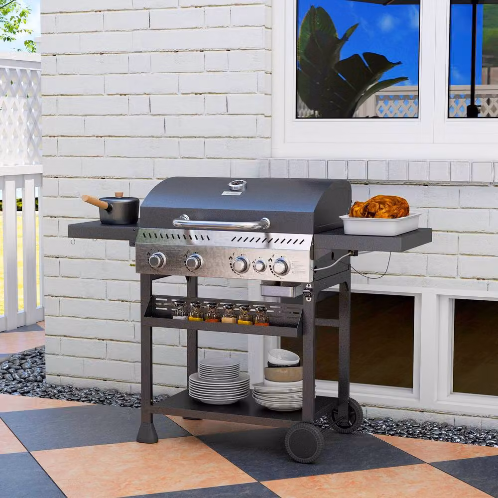 Rolipo Five Burner Steel Gas Grill with Thermometer and Warming Rack in Black – 9