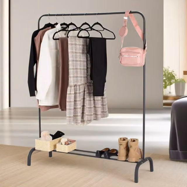 FURNOS Heavy Duty Metal Clothing Rail with Storage Shelf in Black, W/D/H: 150 x 40 x 110 cm