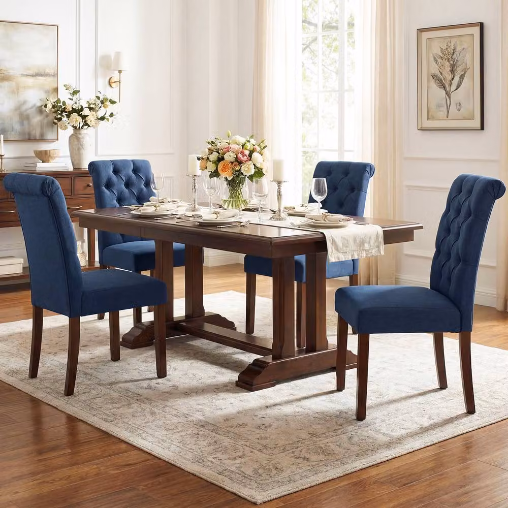 Costway Set of 2 Blue Upholstered Button Tufted Dining Chairs with Padded Fabric Seats – 4