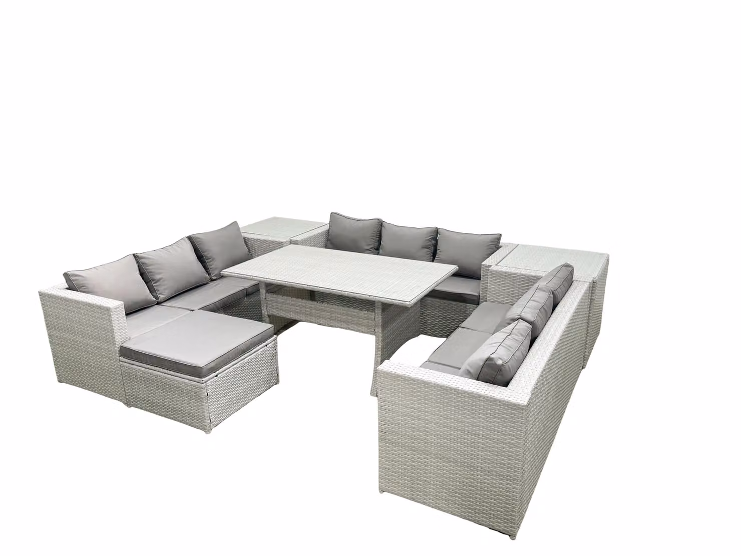 Fimous 10 Seater Rattan Garden Furniture Set with Rectangular Dining Table, Large Footstool and 2 Side Tables in Light Grey – 2