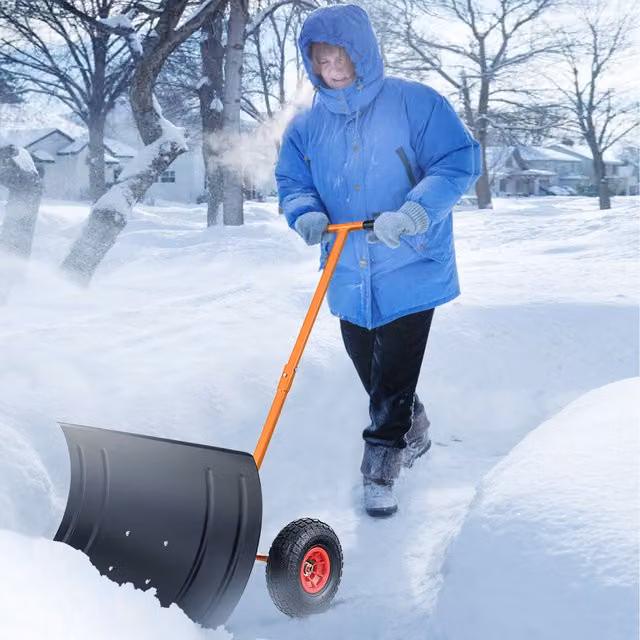COSTWAY Manual Snow Pusher with Wheels and Metal Blades, Orange