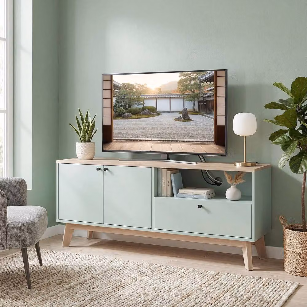 STILVORA Green MDF TV Stand with Adjustable Shelf, 2 Doors and Grommet – 2