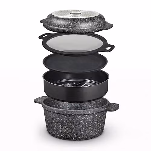 Tower Precision Multi-Functional Non-Stick Cast Aluminium Casserole Set with Steamer Insert, Black, Diameter: 24 cm