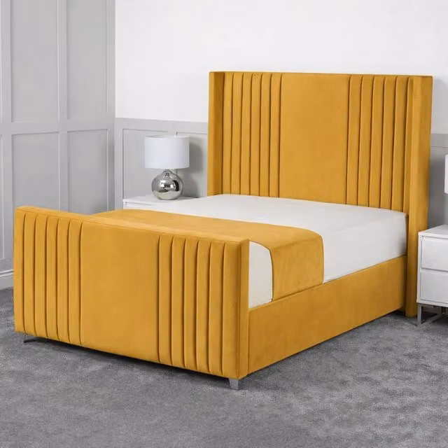 Living Comfort Bedz Emilia Plush Velvet Upholstered Super King Bed with Slatted Base and 48 Inch Headboard in Mustard Yellow
