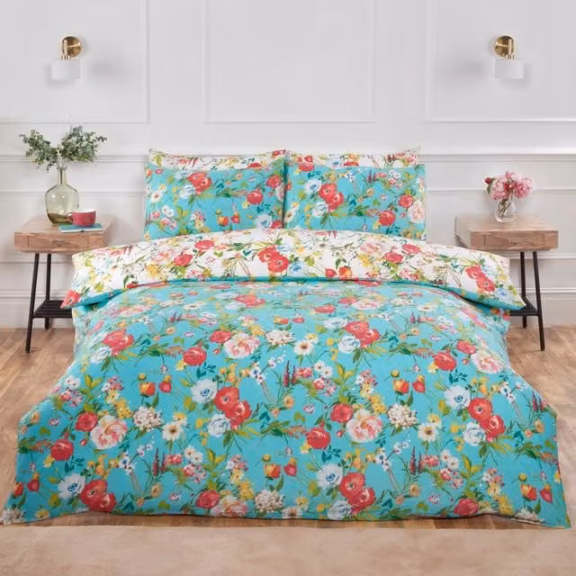 Rapport Home Ashbourne Reversible Floral Microfibre Duvet Cover Set in Blue and Turquoise, W/D/H: 180 x 200 cm