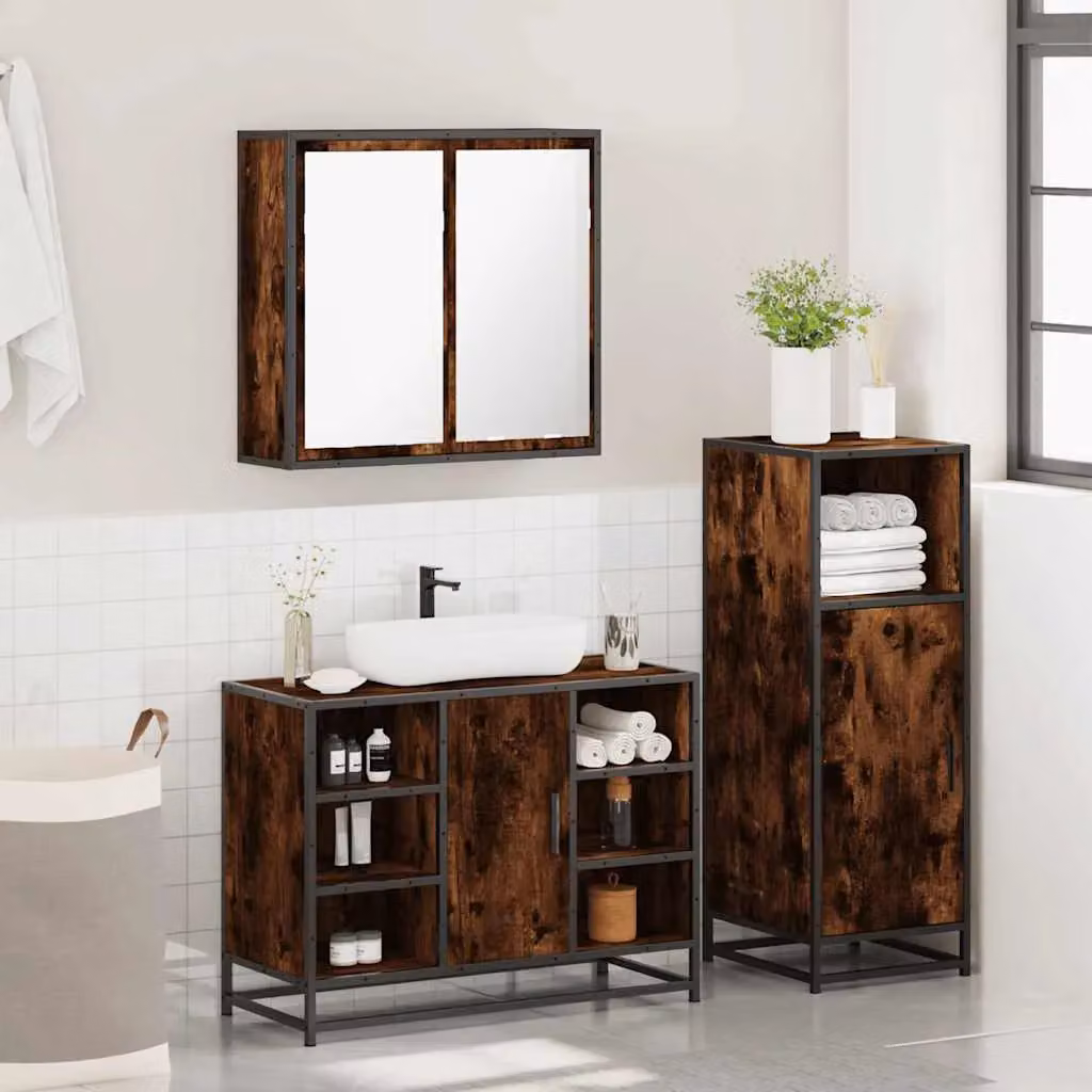 Berkfield Home 3 Piece Industrial Bathroom Furniture Set in Brown Smoked Oak – 4