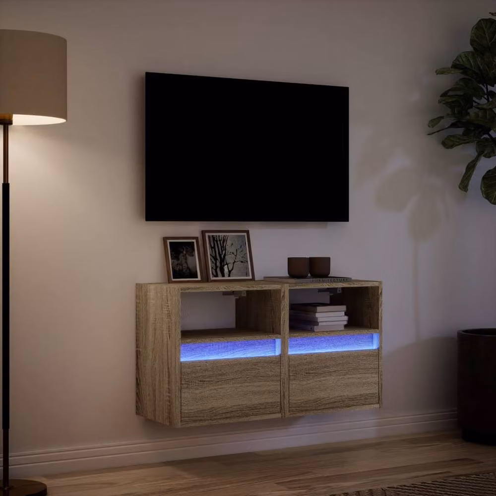Berkfield Home Set of 2 TV Wall Cabinets with LED Lights in Sonoma Oak Natural, W/D/H: 41 x 31 x 45 cm – 3