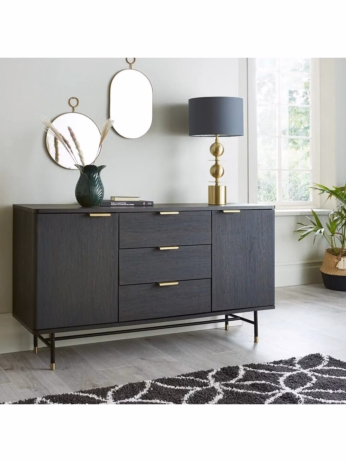 Cooper 2 Door 3 Drawer Sideboard in Walnut and Black Modern Home Storage Unit W: 120 cm