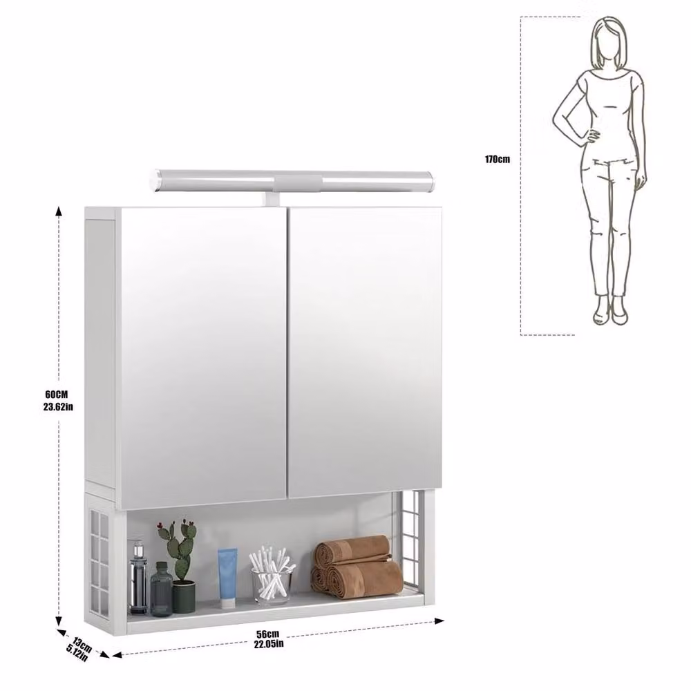 PAWNORA Modern White Wall Mounted Bathroom Mirror Cabinet with Integrated LED Lighting – 2