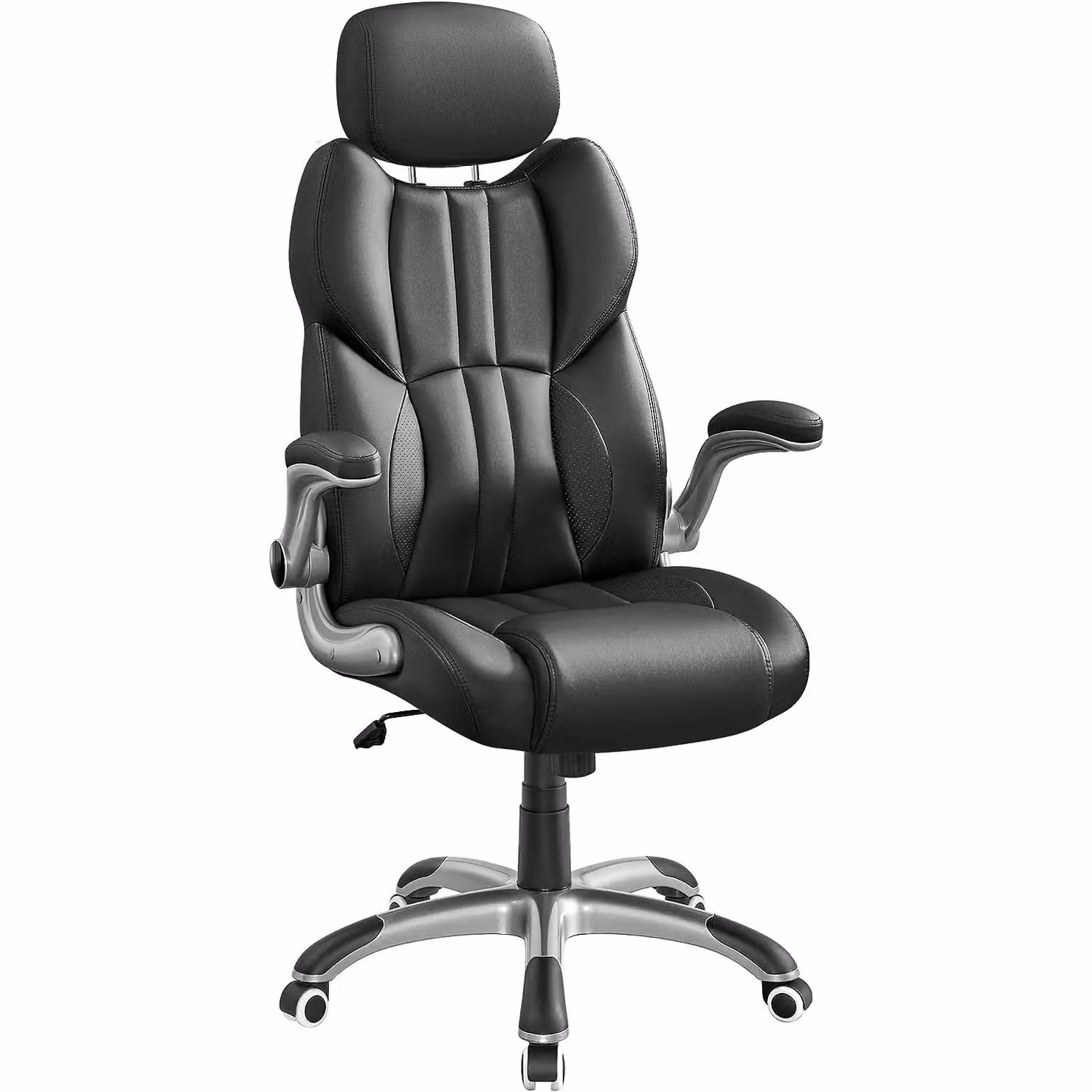 SONGMICS Black Synthetic Leather Gaming Chair with Headrest, 360 Degree Swivel and Foldable Arms – 6