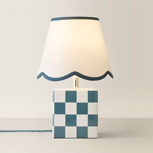 ValueLights Evie Green Ceramic Cube Checkered Table Lamp with Fabric Scallop Lampshade – 1