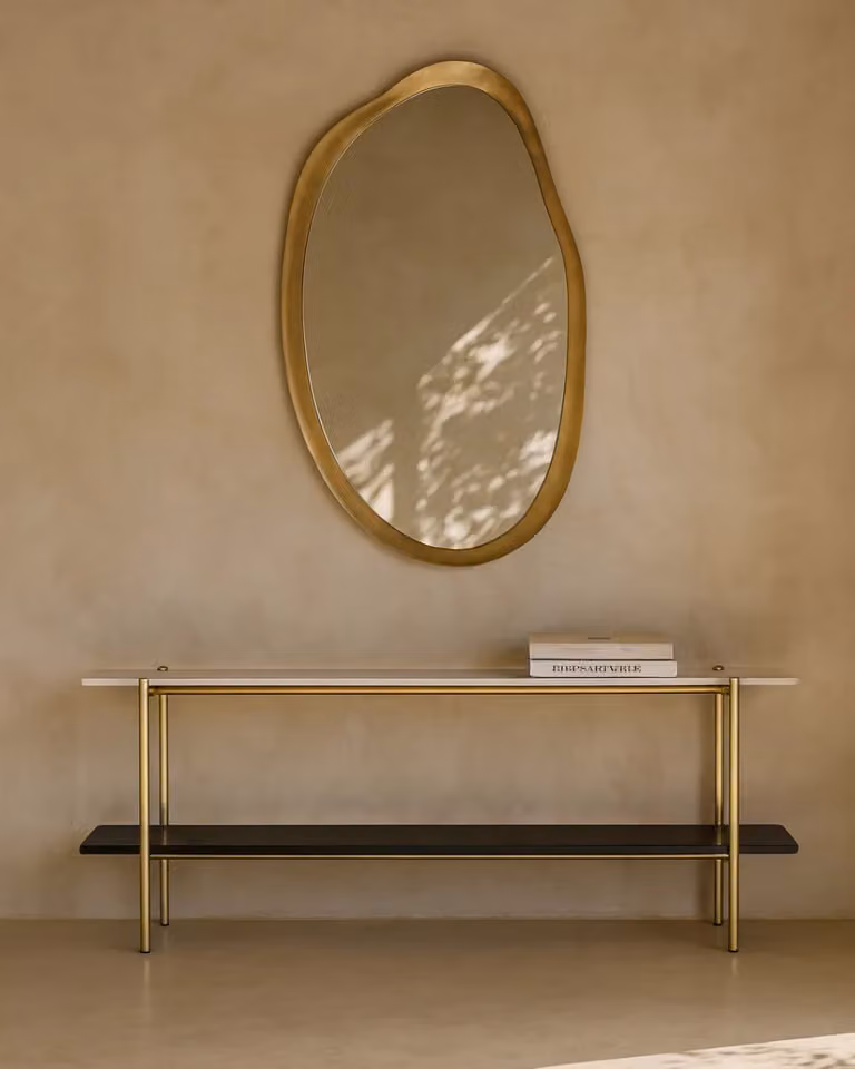 Tommy Franks Bottega Modern Rectangular Marble and Oak Console Table in White, Black and Gold