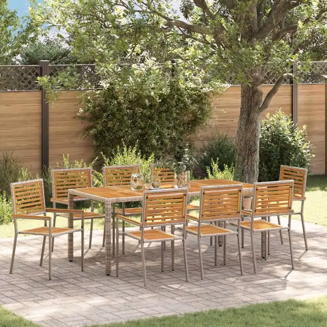 Berkfield Home 9 Piece Grey Poly Rattan and Acacia Wood Garden Dining Set