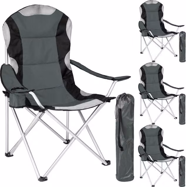 tectake Set of 4 Padded Grey Camping Chairs with Armrests and Cup Holders