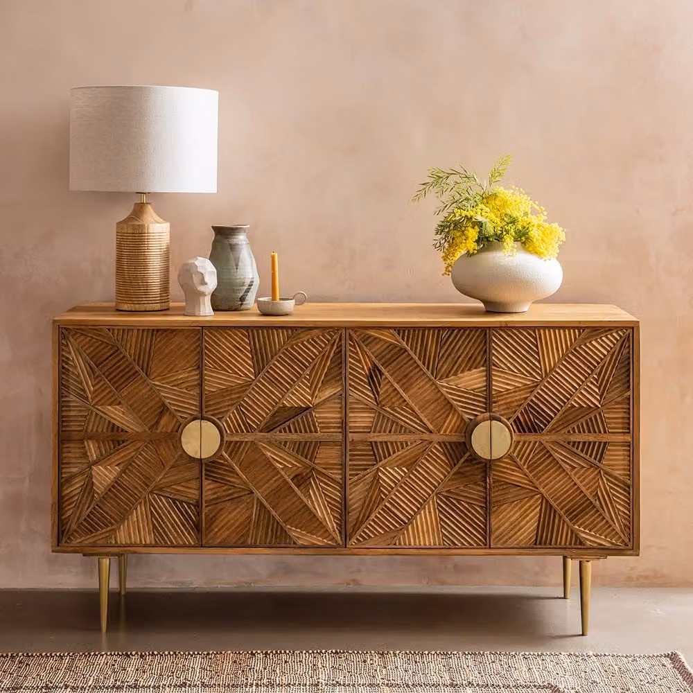 Atkin & Thyme Jumeirah Mango Wood Sideboard in Brown with Art Deco Geometric Design