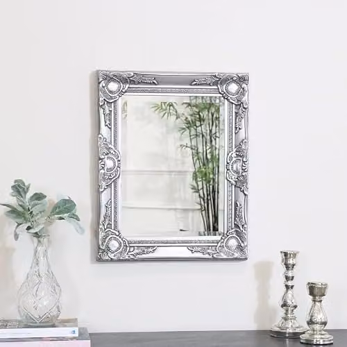 Melody Maison Ornate Silver Vintage Wall Mirror with Floral Glass Detail W: 52 cm, H: 42 cm
