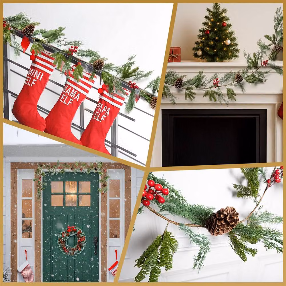 Shatchi Christmas Garland with Red Berries and Pinecones in Green and Red, 180 cm – 7