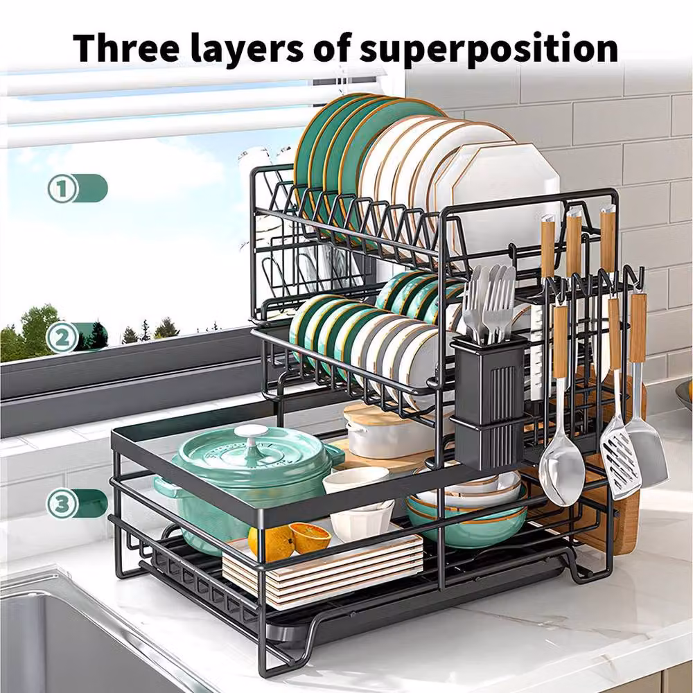 PAWNORA 3 Tier Metal Kitchen Dish Drainer Rack with Drip Tray and Cutlery Holder, Black – 7