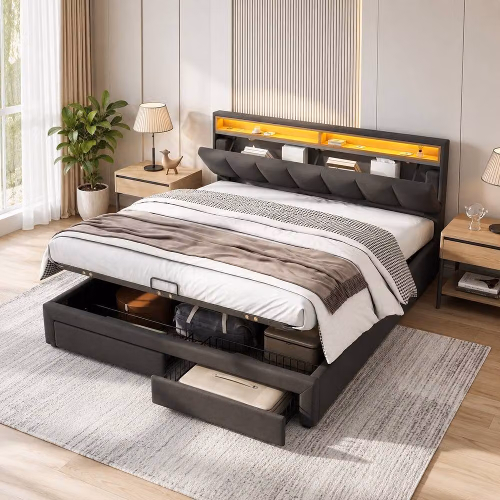 Merax Grey Super King LED Ottoman Storage Bed with Upholstered Fabric Frame and Under-bed Lighting W/D/H: 180 x 200 x 90 cm – 2