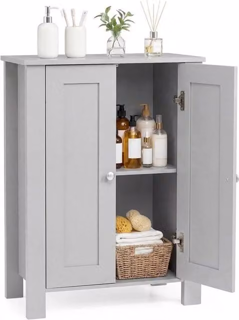 VOGREX Grey Freestanding Bathroom Floor Storage Cabinet with Soft-Close Hinged Doors and Internal Shelves, W/D/H: 60 x 30 x 80 cm