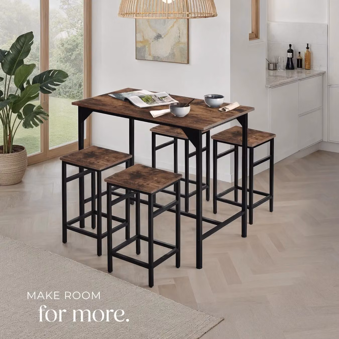 tectake Edinburgh Dining Table and 4 Bar Stools Set in Brown – 6