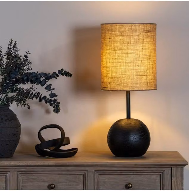 KDMD Black Cannon Table Lamp with Beige Hessian Fabric Shade