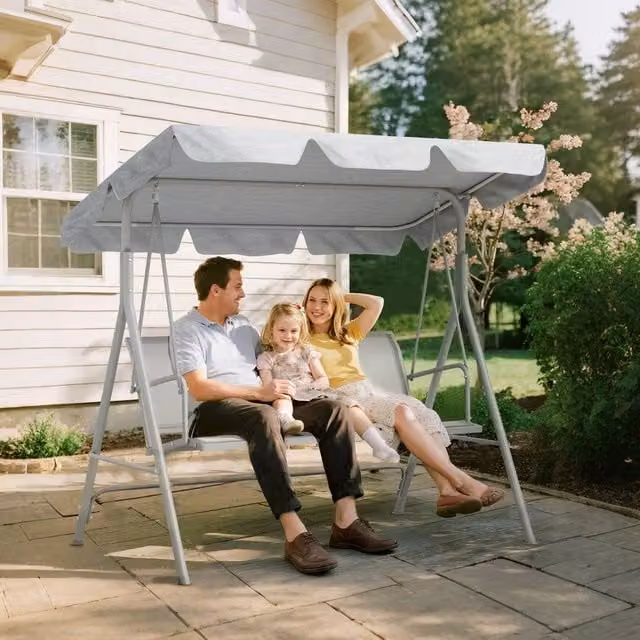 OUTSUNNY 3 Seater Metal Garden Swing Chair with UV-Resistant Sun Canopy in Light Grey – 1