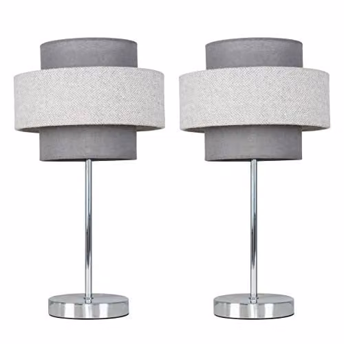 ValueLights MiniSun Set of 2 Modern Chrome Touch Table Lamps with Grey Fabric Shades
