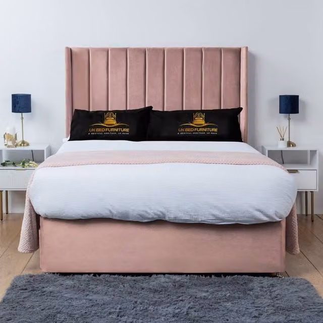 UK Bed Furniture Bella Wingback Divan Bed Base with 54 Inch Headboard in Pink Velvet, Super King, W/D/H: 200 x 200 cm
